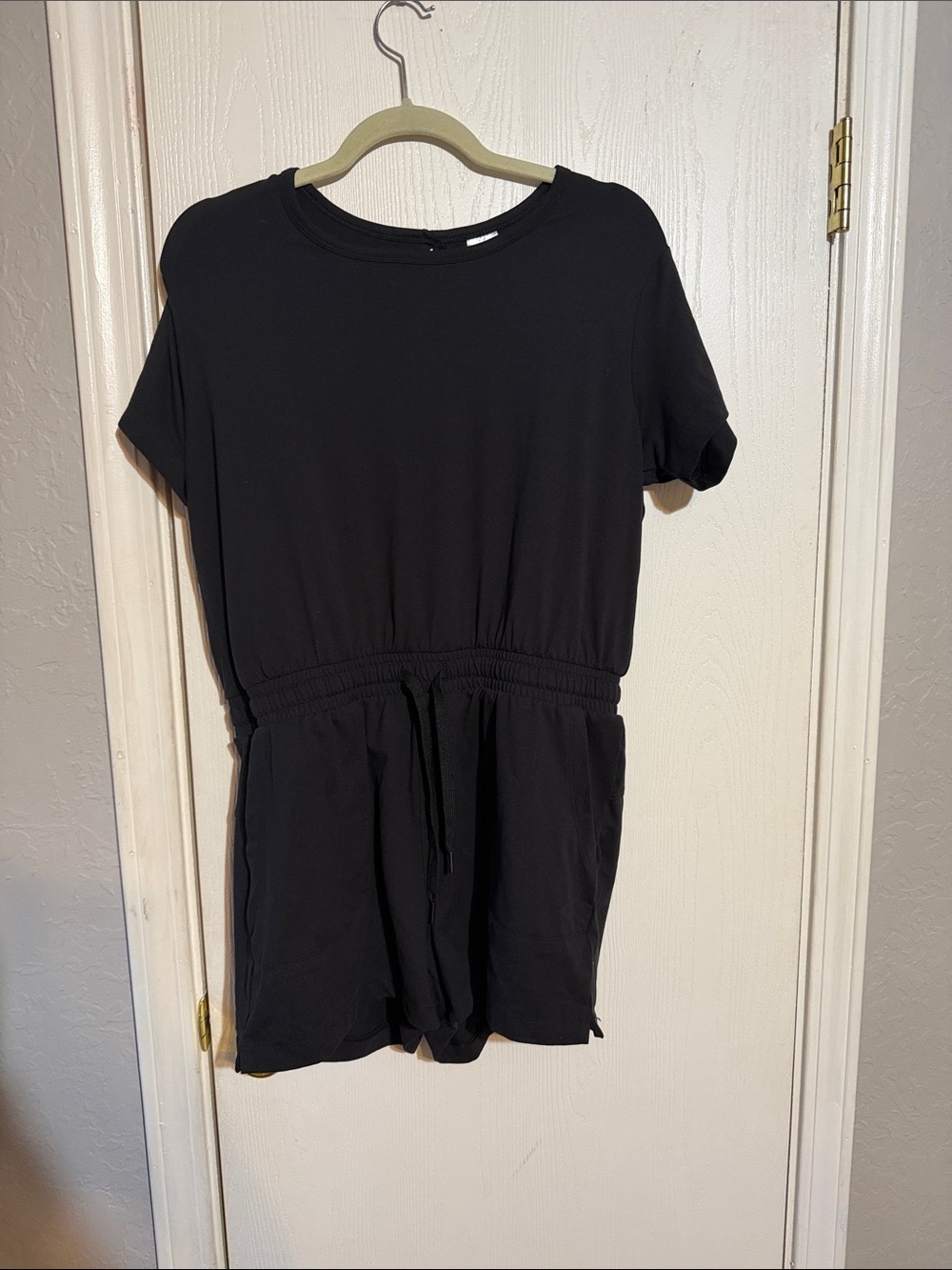 Black Short-Sleeve Drawstring Romper